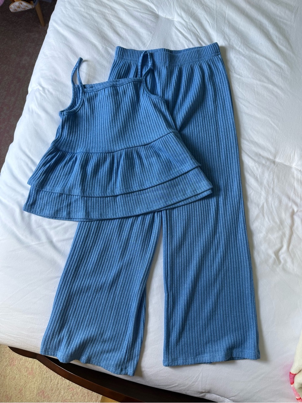 btween Blue Ribbed Tank & Wide-Leg Pants Matching Set